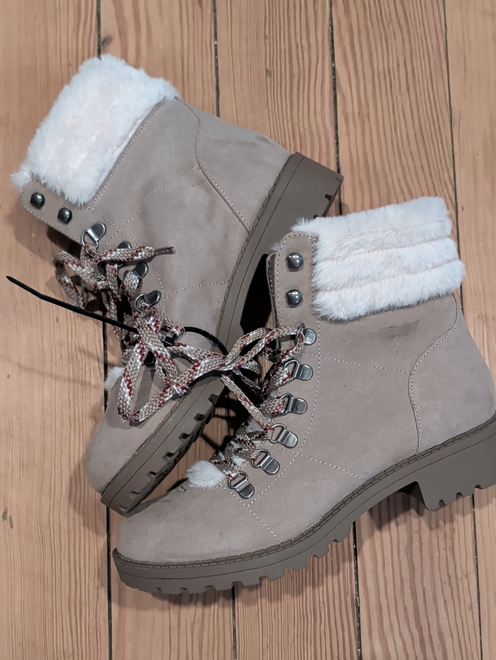 Jellypop Taupe Faux-Suede Lace-Up Winter Boots with White Faux-Fur Collar